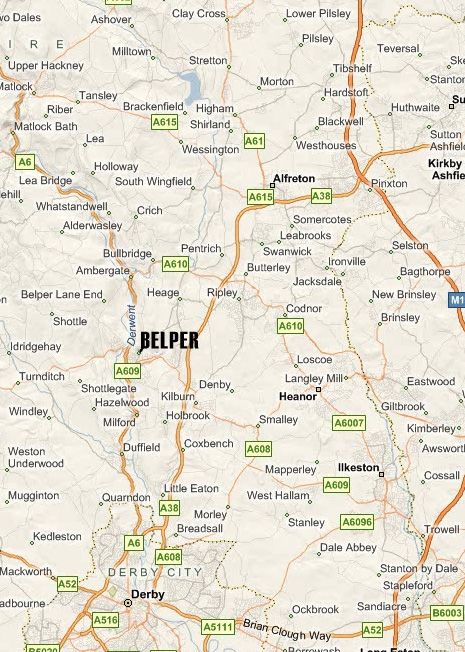 A map showing belper in relation to Matlock, Derby and the M1